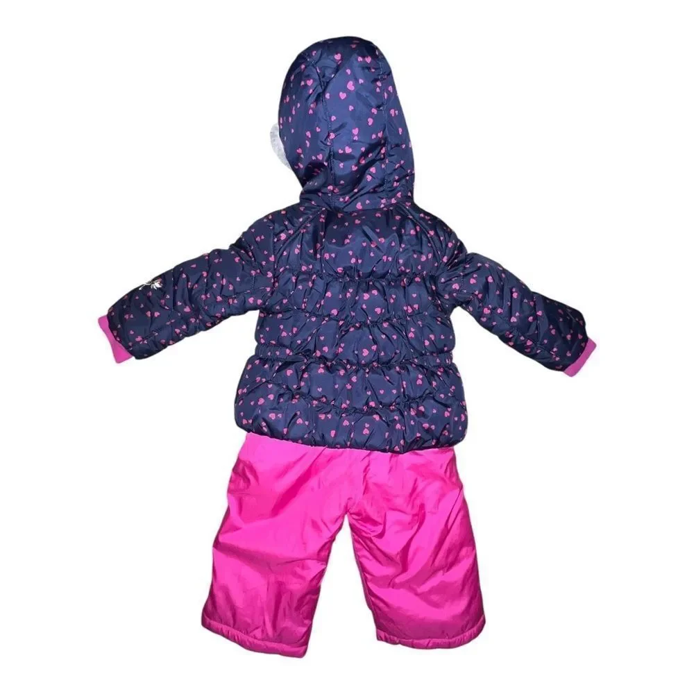 Zeroxposure Baby Girls Cinzia Snowbibs & Coat Set Blue Pink Hearts 12 Months EUC